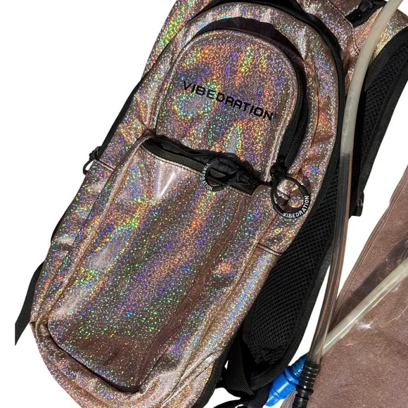VIBEDRATION Rose Gold Holographic Water Backpack Festival Rave Travel Bladder - Picture 7 of 7